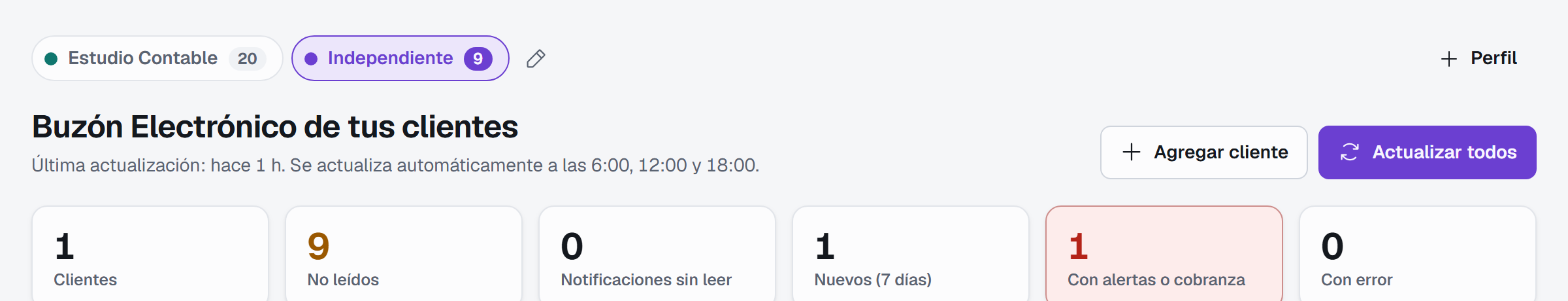 La parte alta de la app: dos perfiles de clientes, el botón Actualizar todos y los contadores de no leídos, nuevos y con error.