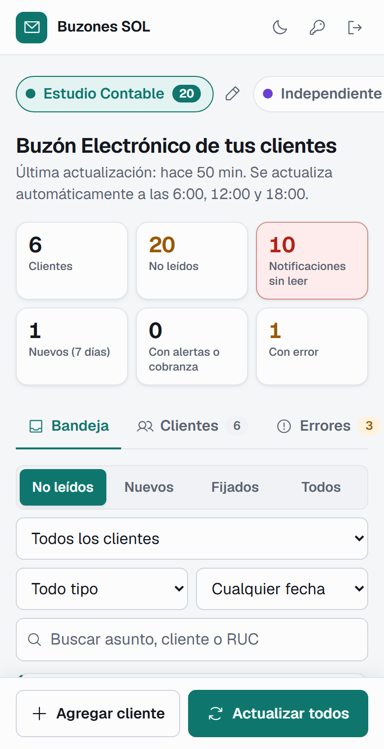 La app en un celular: perfiles, contadores y filtros en una columna, con Agregar cliente y Actualizar todos fijos abajo.